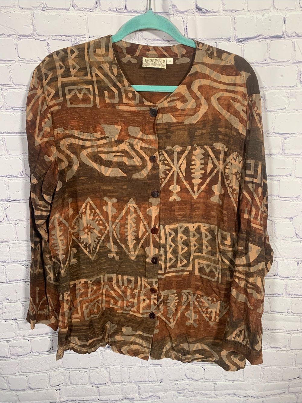 Wind River Trading Company Womens Linen Blend Aztec Long Sleeve M Boho Festival